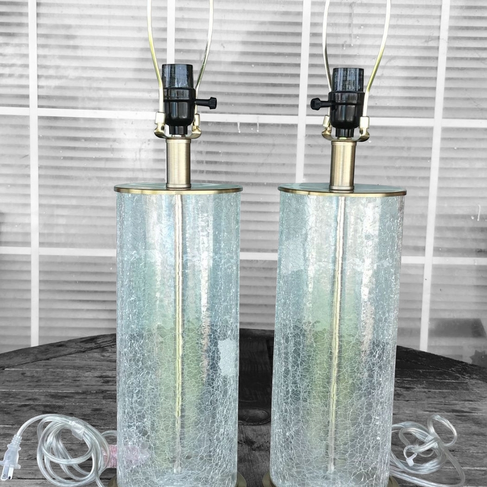 Pair Of Vintage Brass And Crackle Glass Lamp